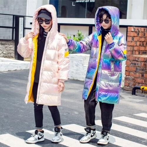 Children Long Colorful Down Jacket 2020 Autumn Winter Thickened Warm Outer Boys Girls Hooded Outerwear Kids Fashion Casual Coat