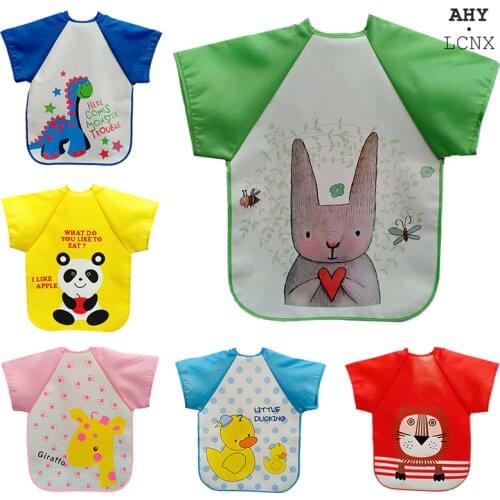 New Bib Baby Kids Toddler Short Sleeve EVA Waterproof For Infants Kids Bibs Cartoon Animal Feeding Cloth Apron Pocket Adjustable
