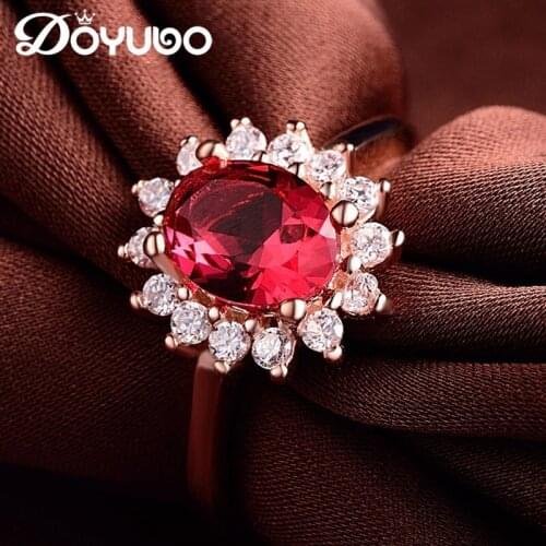 DOYUBO Rose Gold Color 925 Sterling Silver Rings With Red Semi Precious Stone Adjustable Size Womens Cubic Zirconia Rings VB046