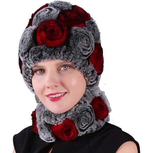 Genuine Knitted Rex Rabbit Fur Fedoras Hat with Scarf Sets Winter Fashion Ear Protector Headgear Neckrings LF21012QX