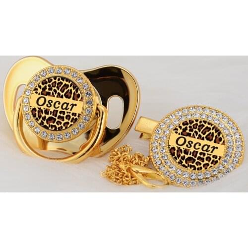 MIYOCAR custom any test cool Leopard gold bling pacifier and pacifier clip black BPA free dummy bling unique design P-LEO