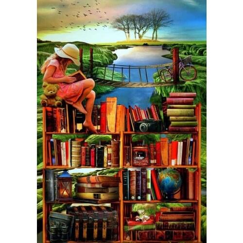 JMINE Div 5D Book bookcase Girl Tree River Bridge Full Diamond Painting cross stitch kits art Scenic 3D paint by diamonds