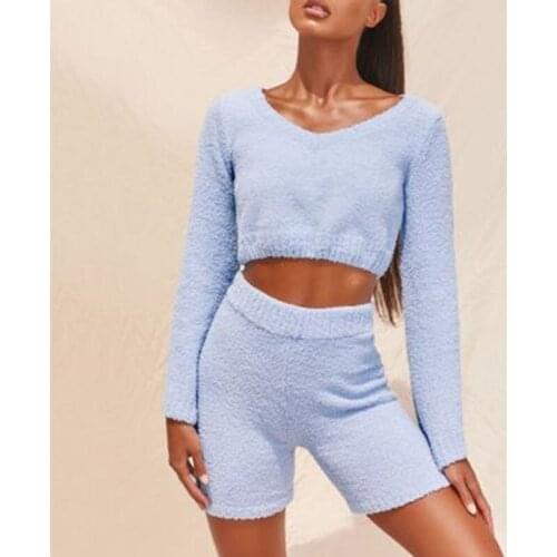 2 piece sets womens outfits European and American summer new style casual fashion plush V-neck flared sleeve top + shorts set