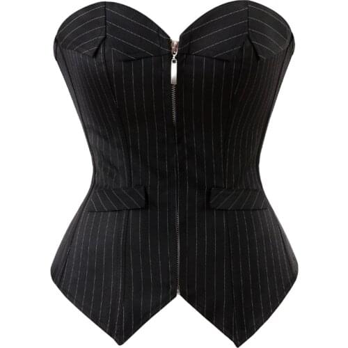 Fashion Sexy Black Striped Overbust Corset Office Lady Corselet Sexy Women Zip Corset Bustier Strapless Tops Costume Plus Size