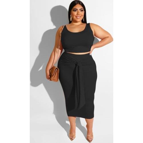 5XL Plus Size Dress Suit Women Two Piece Set Summer Clothes Solid Vest Crop Top and Skirts Suits Female Sexy Party Club Outfits