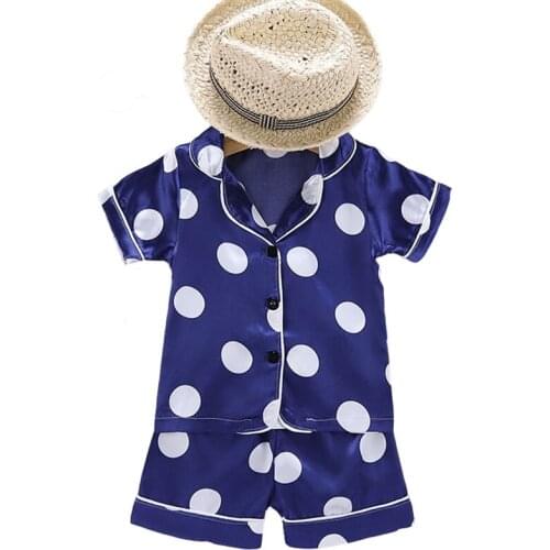Summer Kids Pajamas Sets Ice Silk Wave Point Baby Boys Girls Homewear Sets Short Sleeve Blouse Tops+Shorts Sleepwears 2pcs