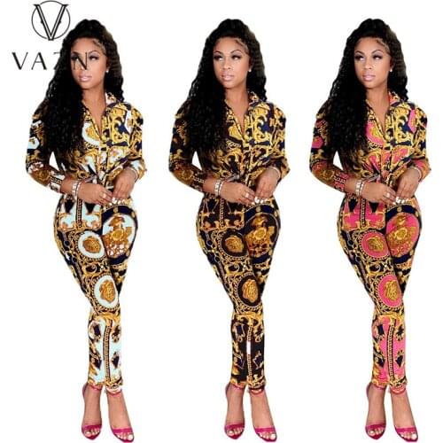 VAZN 2021 Autumn High-end Sexy Office Lady Retro Full Sleeve Shirt Print Long Pants 2 Piece Set Women Top And Pant Summer