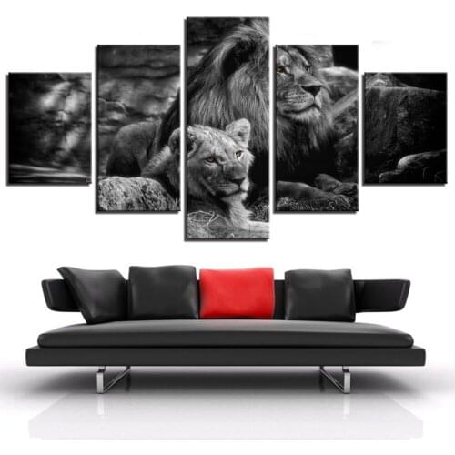 Lienzo en módulos pared arte cartel impreso hogar Marco de decoración 5 piezas negro blanco Animal imágenes rey del bosque pintu