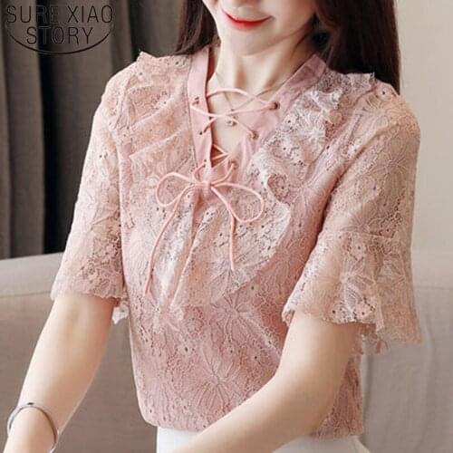 Korean fashion clothing 2021 lace blouse white shirt blouse womens tops blouses Bow Solid V-Neck harajuku ladies tops 3104 50