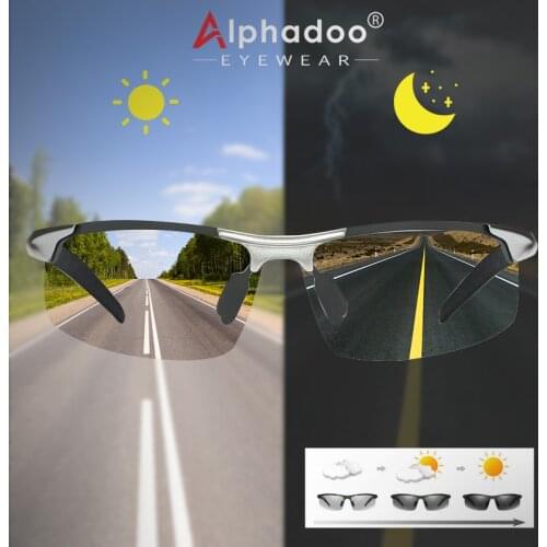 Alphadoo 2021 Aluminum Rimless Photochromic Sunglasses Men Polarized Day Night Driving Glasses Chameleon Anti-Glare A806