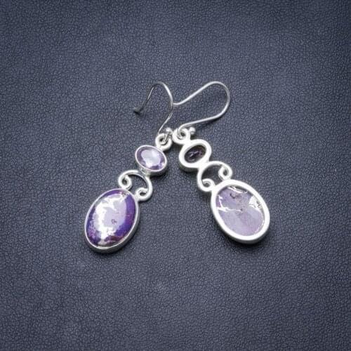 Natural Copper Turquoise and Amethyst Handmade Unique 925 Sterling Silver Earrings 1.75" Y3349
