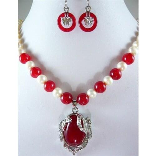 Noblest 8MM red jade-white 7-8MM pearl necklace + earring set 18"AAA