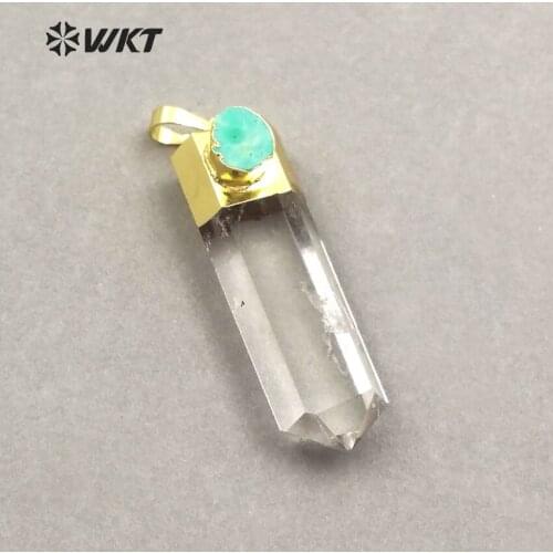 WT-P1405 WKT Wholesale Natural Quartz Crystal with Green Stone pendant Charm Pendants Necklace Lady Girl Long Point Random Size