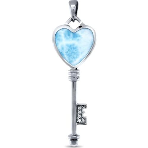High Quality 925 Sterling Silver Natural Larimar Heart Key Pendant Necklace For Women Party Gift