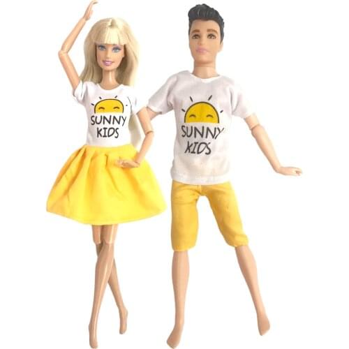 2 Pcs / Set Yellow Sun Pattern Couple Suit Casual Dress For Barbie Doll Girl And Boy Accessories 015A