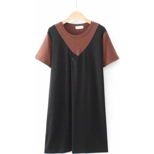 Plus size O-Neck short sleeve cotton women dresses 2021 summer Casual brown white patchwork ladies dress female pullovers tops