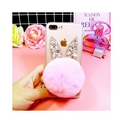 Luxury Bling Diamond Rhinestone Rabbit Fur Ball Soft TPU Phone Back Cover Case For iPhone 12 11 Pro Max X XS MAX XR 6S 7 8 Plus