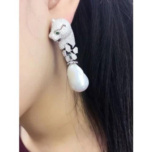 Baroque Natural fresh water pearl dangle earring leopard drop earrings 925 sterling silver with cubic zircon fine jewelry