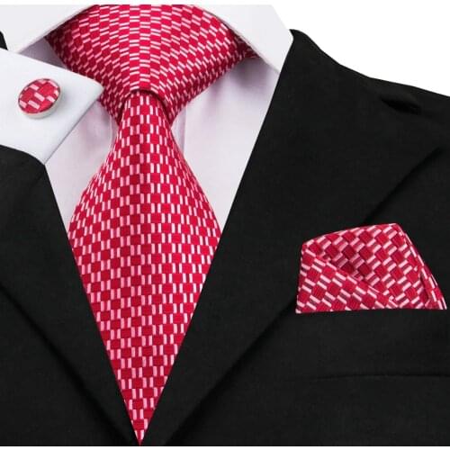 Silk Jacquard Mens Tie Red Plaid Fashion Necktie Hanky Cufflink Set Business Wedding Party Ties For Men C-569