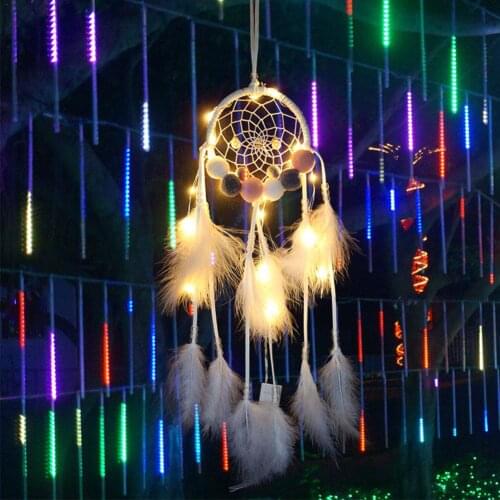 Hand Woven Ornaments Christmas Lights Bedroom Decoration Night Light Warm Light Feather String Lamp Dream Catcher Light