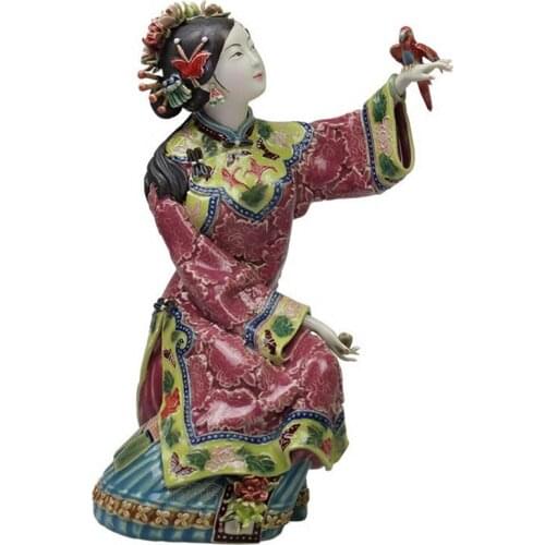 WU CHEN LONG Antique Chinese Porcelain Figurine Home Decor Statue Ceramic Classical Ladies Spring Parrot Craft Painted Art R2389