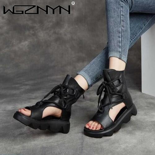 2021 Summer Women Boots Casual Ankle Boots Genuine PU Leather Cut-outs Sandals Retro Handmade Black Womens Shoes Flat Sandals