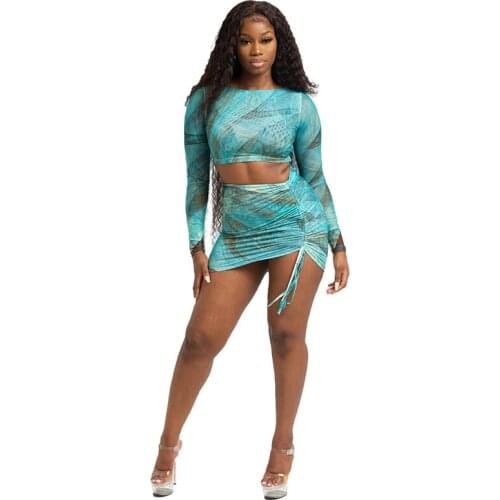 XLLAIS Print Knitting Summer Holiday Drawstring Skirts Sets Women Sexy O-Neck T-Shirts Long Sleeve Crop Top Party 2 Piece Outfit