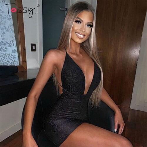 Tossy New Glitter Backless Mini Party Dress Women Spaghetti Strap Sleeveless Bodycon Summer Dress Elegant Slim champagne Vestido