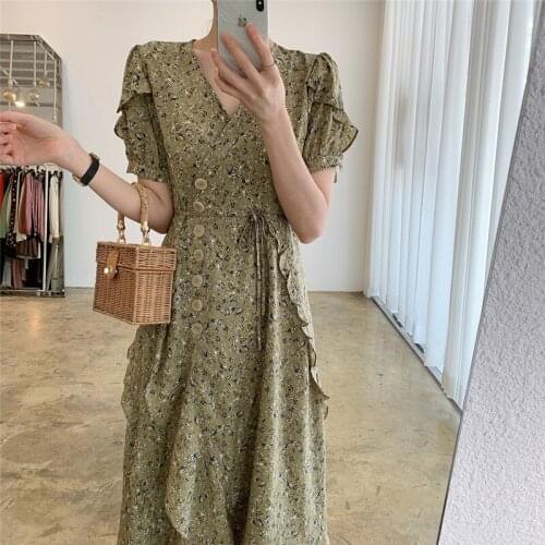 Fashion Print summer woman dress V Neck Scalloped Korean style holiday dresses women Short Sleeves A-Line long vestidos 2021