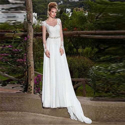 Scoop Neck Long Sleeves A-Line Wedding Dresses Beaded Waistline Long Chiffon Bridal Gowns Vintage Spring Vestidos De Mariee