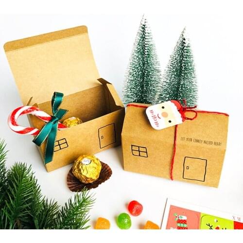 5sets Christmas Party Treat Box Kraft Box Ginger House Shape Desser Treat Gift Box Set Merry Xmas Decoration Gift Packing Box