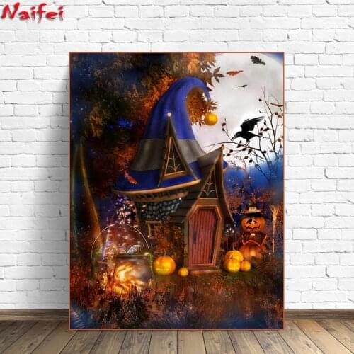 5D DIY Diamond Painting Witch hat House Cross stitch Full Diamond Embroidery Mosaic Picture of Rhinestones Halloween Home Decor