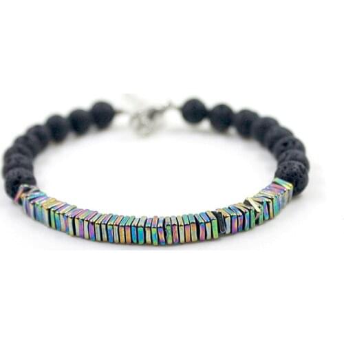 Rainbow Color Coated Square Flat Beads Bracelet Lava Stone Round Beads Beaded Bracelet Resizable Bracelet for Men and Women