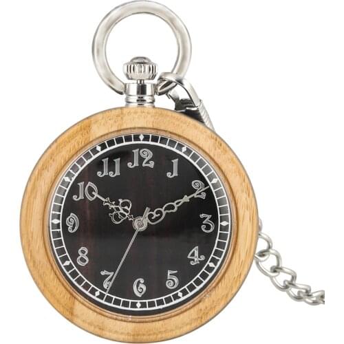 Concise Large Dial Wooden Case Pocket Watch unisex Attractive Silver Pendant Chain Pocket Watches