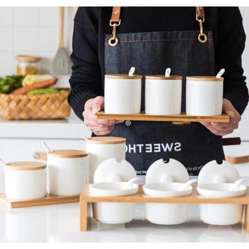 Ceramic Condiment Storage Jar Seasoning Pot Bamboo Holder Spice Jar Sugar Box Salt Pepper Can Kitchen Restaurant Organizer Tools