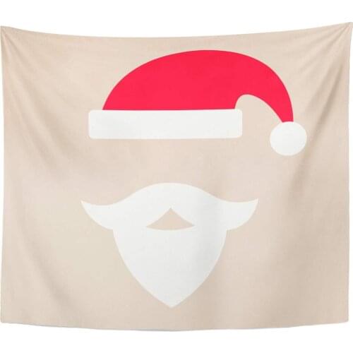 Red Cap with White Pompon of Santa Claus and Mustache Beard Beige Greeteng Hat Flat Festive Home Decor Tapestry Wall Hanging
