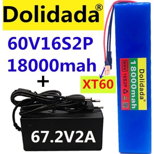 60V 16S2P 18Ah 18650 Li-ion Battery Pack 67.2V 18000mAh Ebike Electric bicycle Scooter with BMS 1000Watt xt60 plug + charger