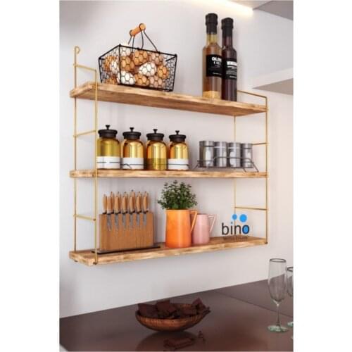 Solid Natural Wood Large 3-Tier Wall Shelf, Bookcase Gold color and black color