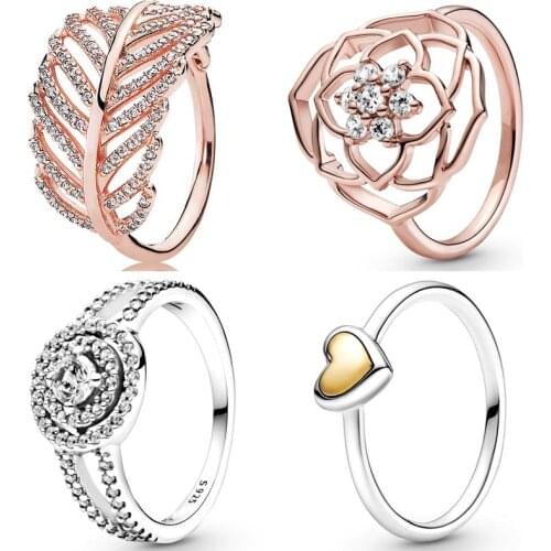 Original 925 Sterling Silver Sparkling Double Halo Light As A Feather Domed Golden Heart Ring For Women Europe DIY Jewelry