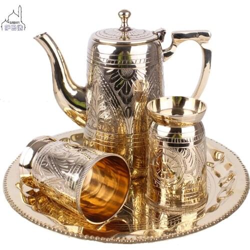 Origin India pure brass antique carved teapot teacup tray set copper milk tea coffee pot set