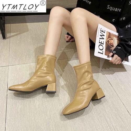 2022 Autumn Womens Ankle Boots Solid Color Square Toe Womens Mid-tube Boots Thick Heel Non-slip Pu Fashion Womens Shoes