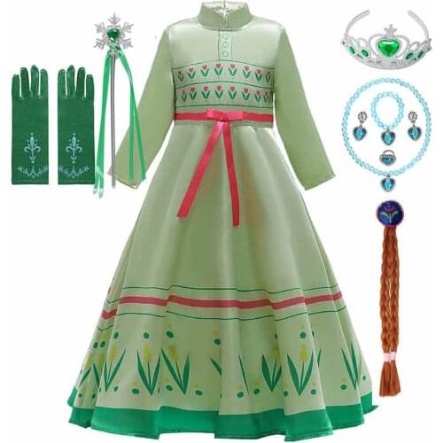Snow Queen Anna Childhood Sleeping Wear Gown for Girl Princess Party Dress up Green Anna Floral Frock Kid Winter Dress Nightgown