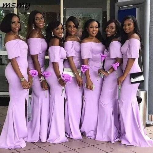 Off the Shoulder African Lavender Mermaid Bridesmaid Dresses with Short Sleeves Satin Sweep Train Cheap Wedding Guest Dresses