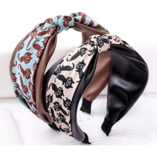 Lovely Cats Print Headbands Women PU Leather Hairbands Knot Adults Girls Wide Head Band Women Hair Accessories Hair Hoop