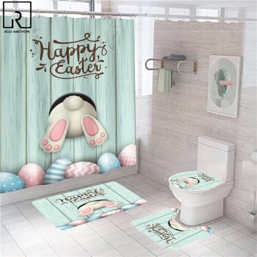 Happy Easter Rabbit Print Shower Curtains with Hooks Cute Bathroom Curtain Soft Flannel Mat Set Bathing Carpet Rugs Home Decor