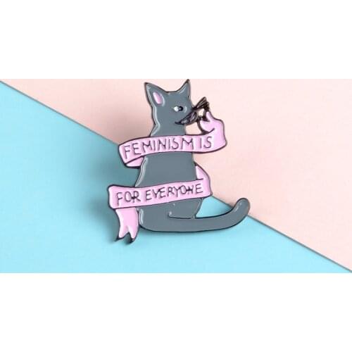 Grey Cat Winding Ribbon Feminism Is For Everyone Equality Slogan Female Brooches Jewelry Clothes Bag Accessories For Friends
