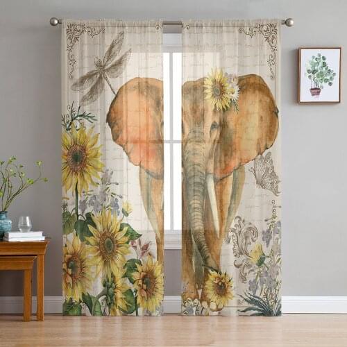 Elephant Sunflower Dragonfly Butterfly Vintage Voile Tulle Sheer Curtains for Bedroom Living Room Kitchen Decor Window Curtain