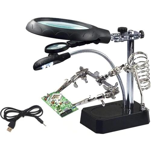 2.5X 7.5X 10X USB Auxiliary Clip Welding Magnifying Glass 5 LED Hand Soldering Solder Iron Stand Holder Station Magnifier