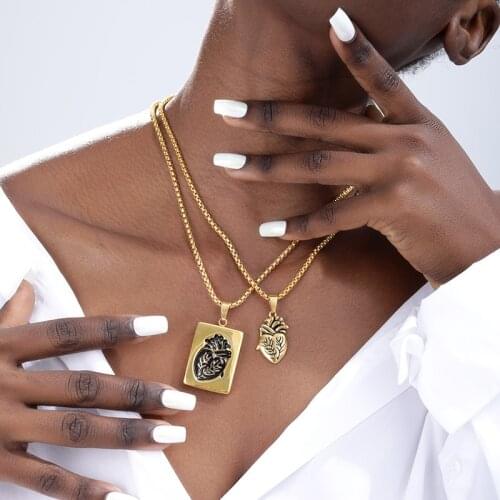 Anatomical Heart Pendant Necklace Set Gothic Jewelry Stainless Steel Chain Colar Geometric Rectangle Necklace Best Friends Gifts