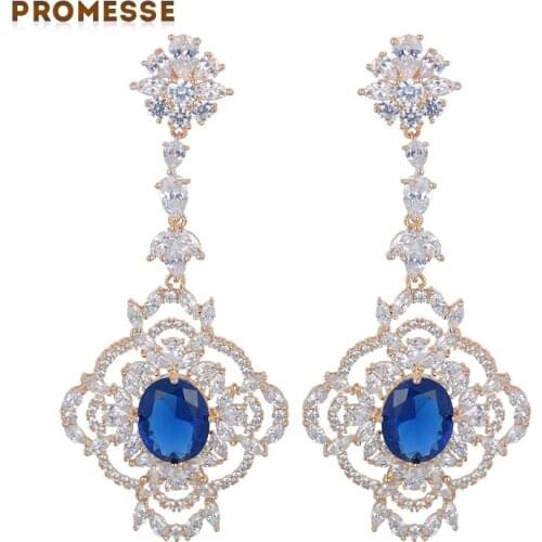 YAN MEI White Gold Color Party Earring Vintage Bule Crystal Jewelry Long Drop Earrings For Women GLE5383